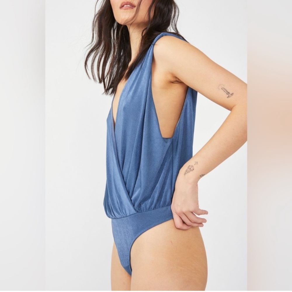 NWT Free People Bodysuit Medium Thong Blue Metal Night Owl Bodysuit